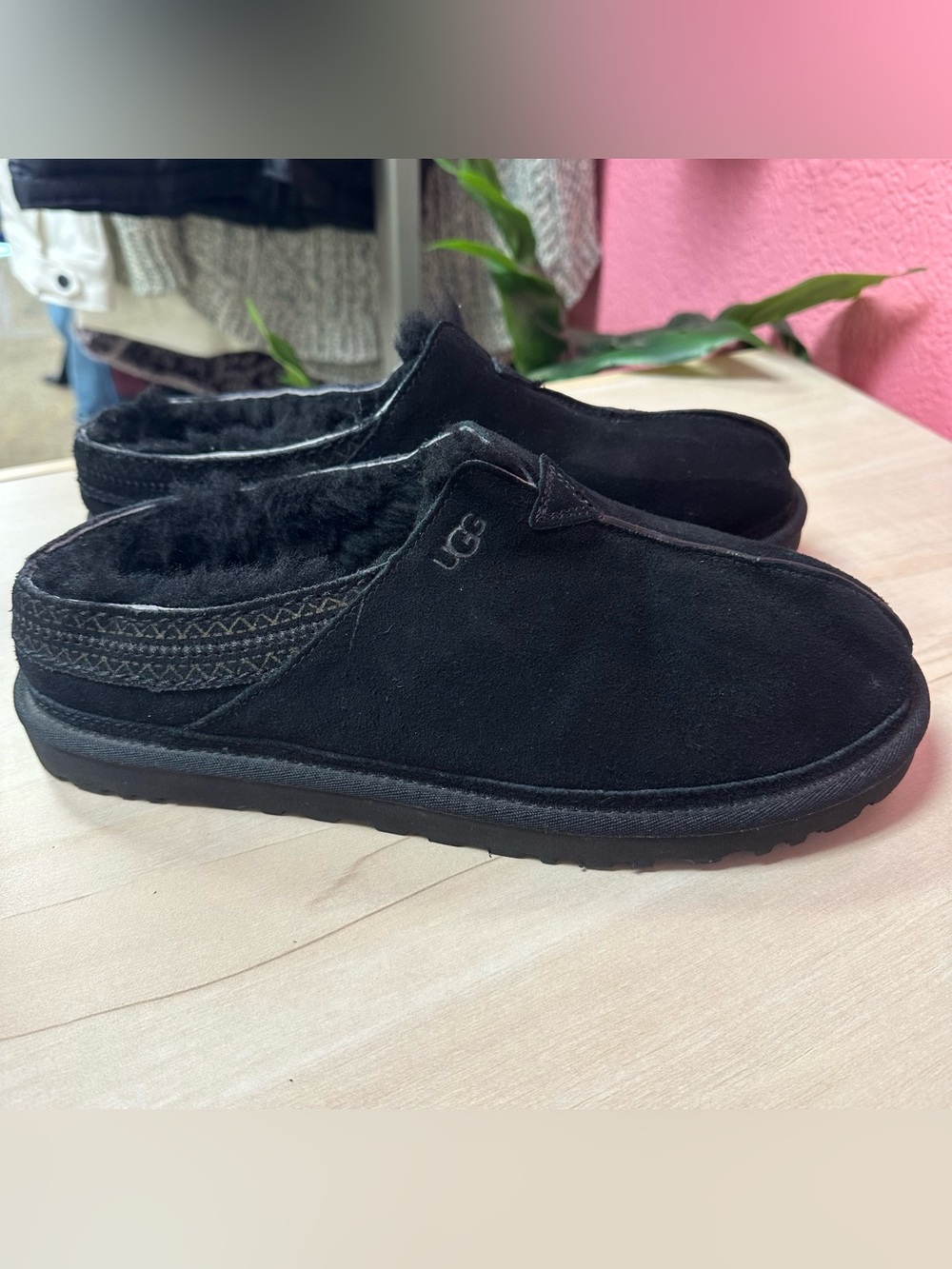 UGG Men’s Neuman Black Suede Fur-Lined Slip-On Mule Slippers